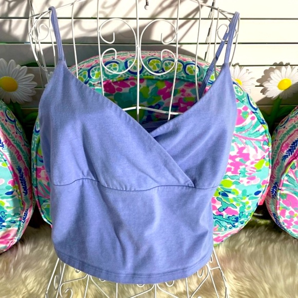 SO blue top with surplice wrap look bust